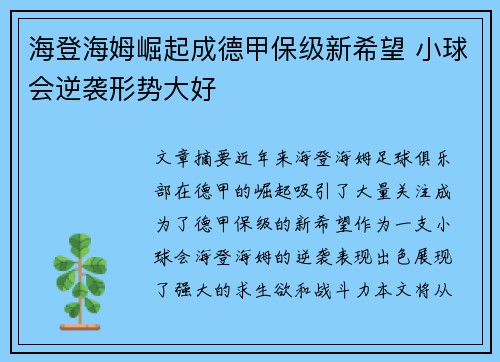 海登海姆崛起成德甲保级新希望 小球会逆袭形势大好